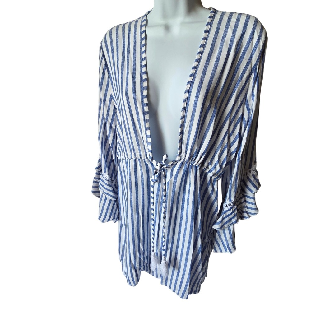 Sigrid Olsen Blue White Striped‎ Ruffle Sleeve Swim Cover Up Tunic Medium Boho